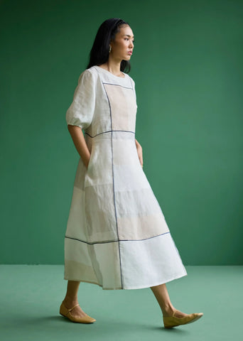 Sehr Metallic Linen Piping Dress- Ivory