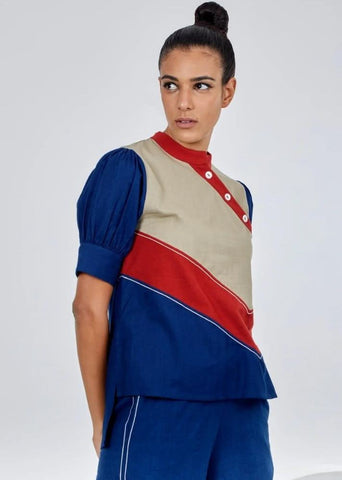 A Model Wearing Multicolor Pure Cotton Shifu Blue Co-Ord Set, curated by Only Ethikal