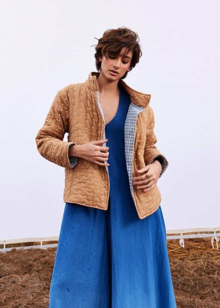 A Model Wearing Beige Pure Cotton Barn Jacket curated by Only Ethikal