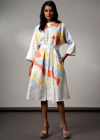A Model Wearing Multicolor Handloom Cotton  Brushstroke Handloom Cotton Dress, curated by Only Ethikal