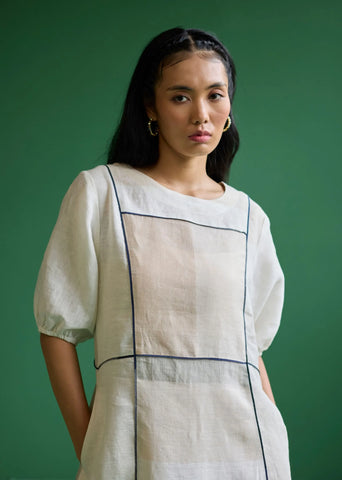 Sehr Metallic Linen Piping Dress- Ivory