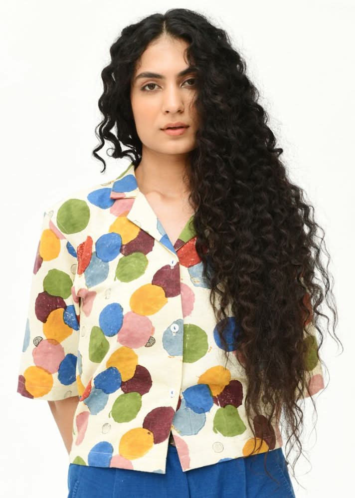 A Model Wearing Multicolor Organic Cotton Void Collar Shirt , curated by Only Ethikal