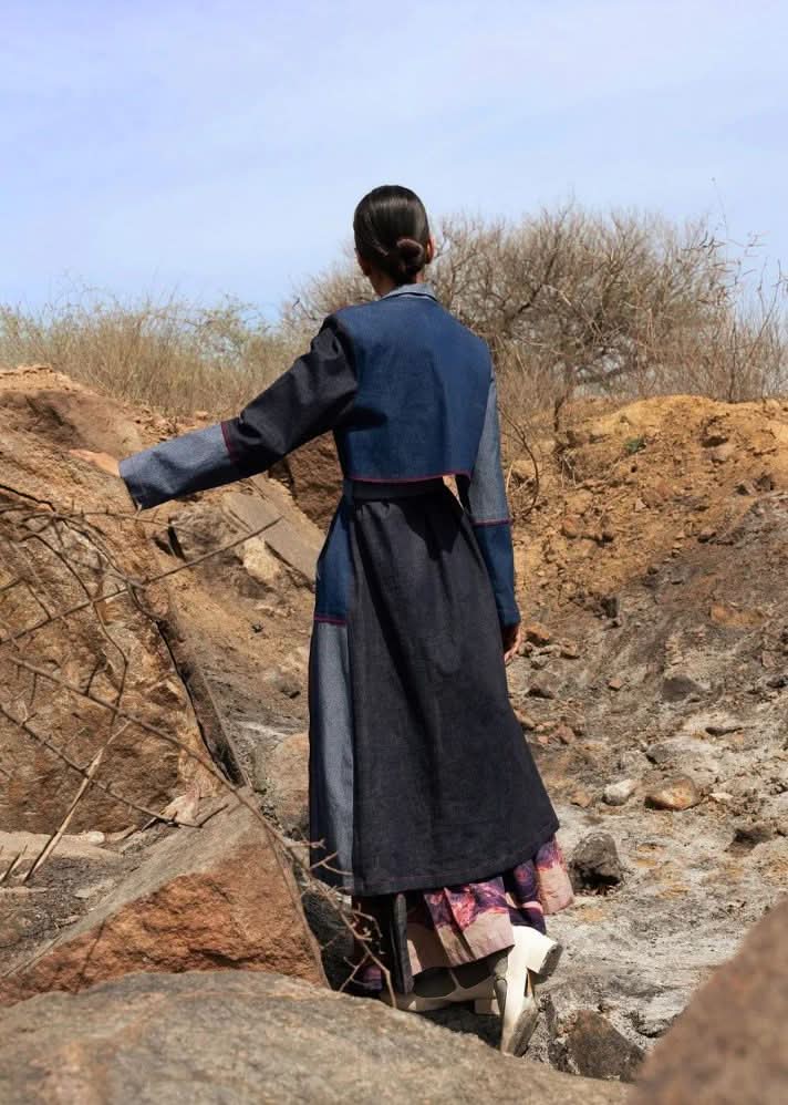 A Model Wearing Multicolor Upcycled Cotton Amelia Denim Trench, curated by Only Ethikal