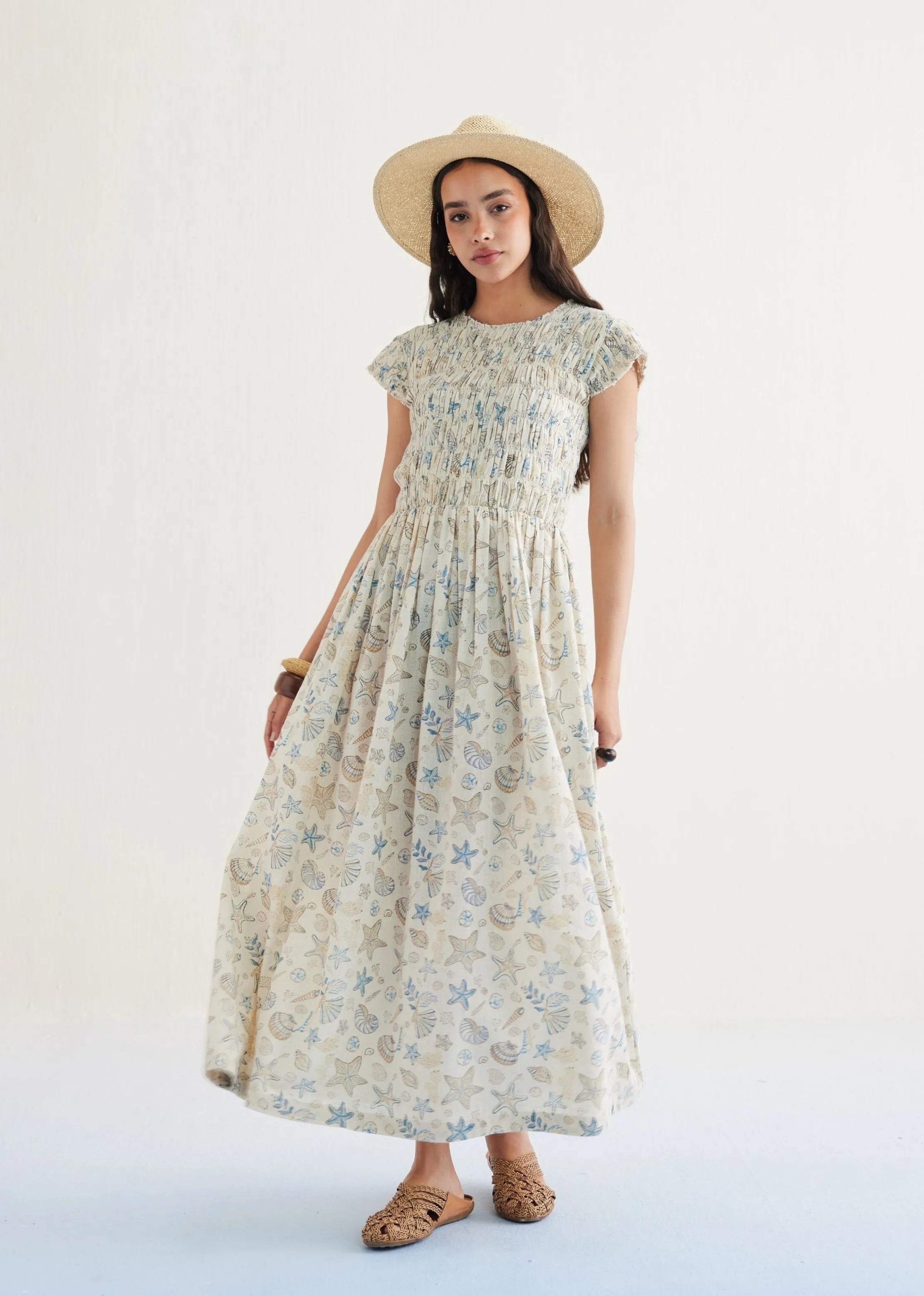 A Model Wearing Off White Handwoven Cotton Pearly Ocean Cotton Off-White Maxi Dress, curated by Only Ethikal
