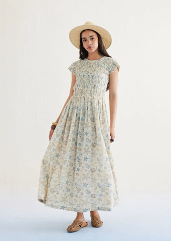 A Model Wearing Off White Handwoven Cotton Pearly Ocean Cotton Off-White Maxi Dress, curated by Only Ethikal