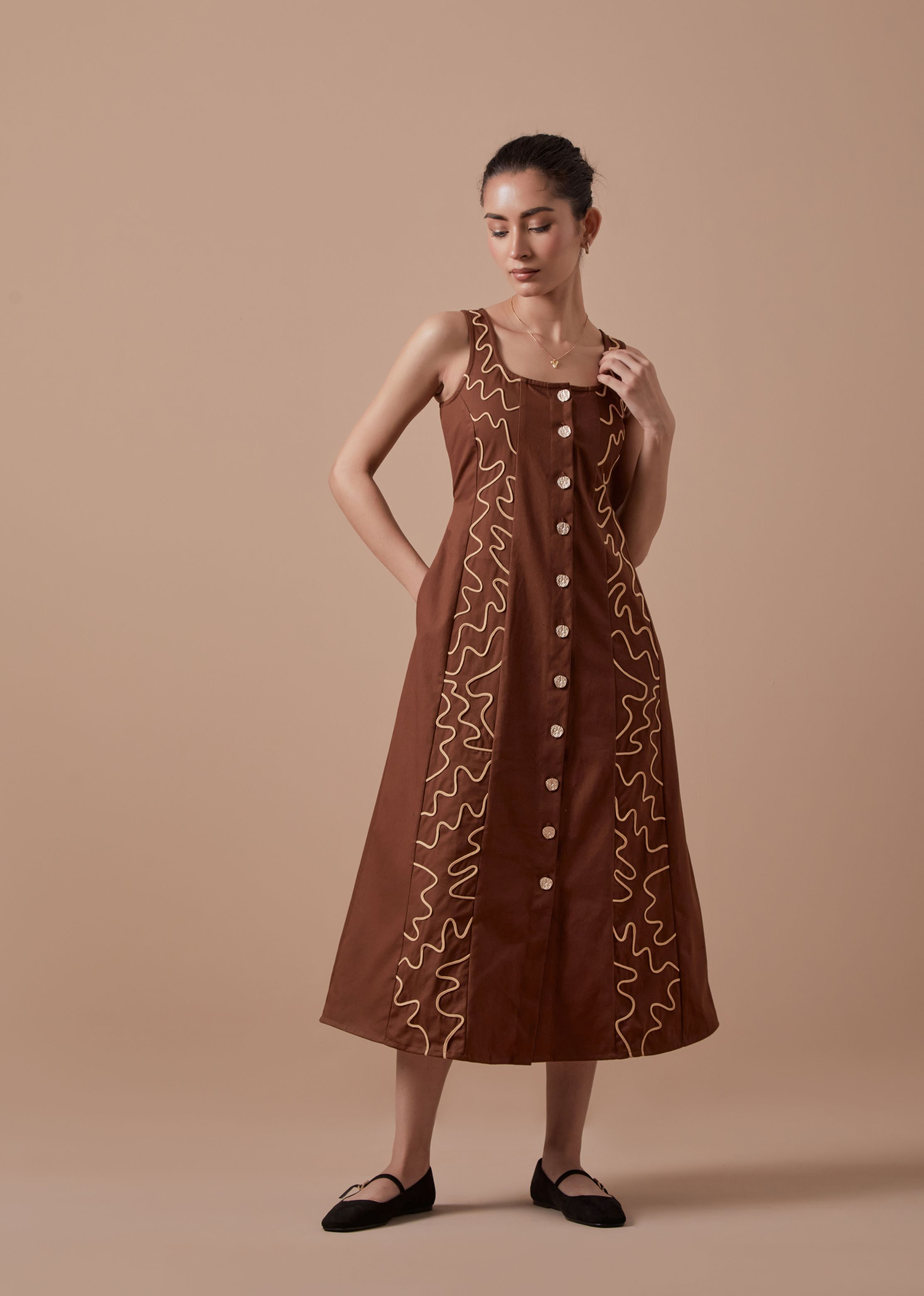 A Model Wearing Brown Organic Cotton Sandra Dress, curated by Only Ethikal