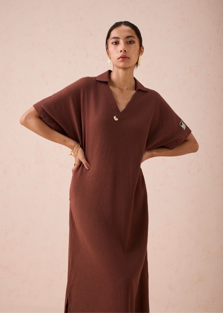 A Model Wearing Brown Organic Cotton The Mountainside Organic Cotton Collar Maxi Dress, curated by Only Ethikal