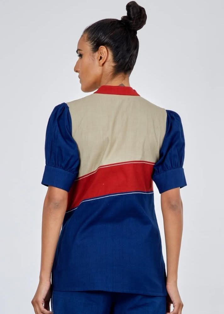 A Model Wearing Multicolor Pure Cotton Shifu Blue Co-Ord Set, curated by Only Ethikal