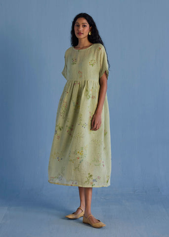 Uniko Pleated Floral Linen Dress - Mint