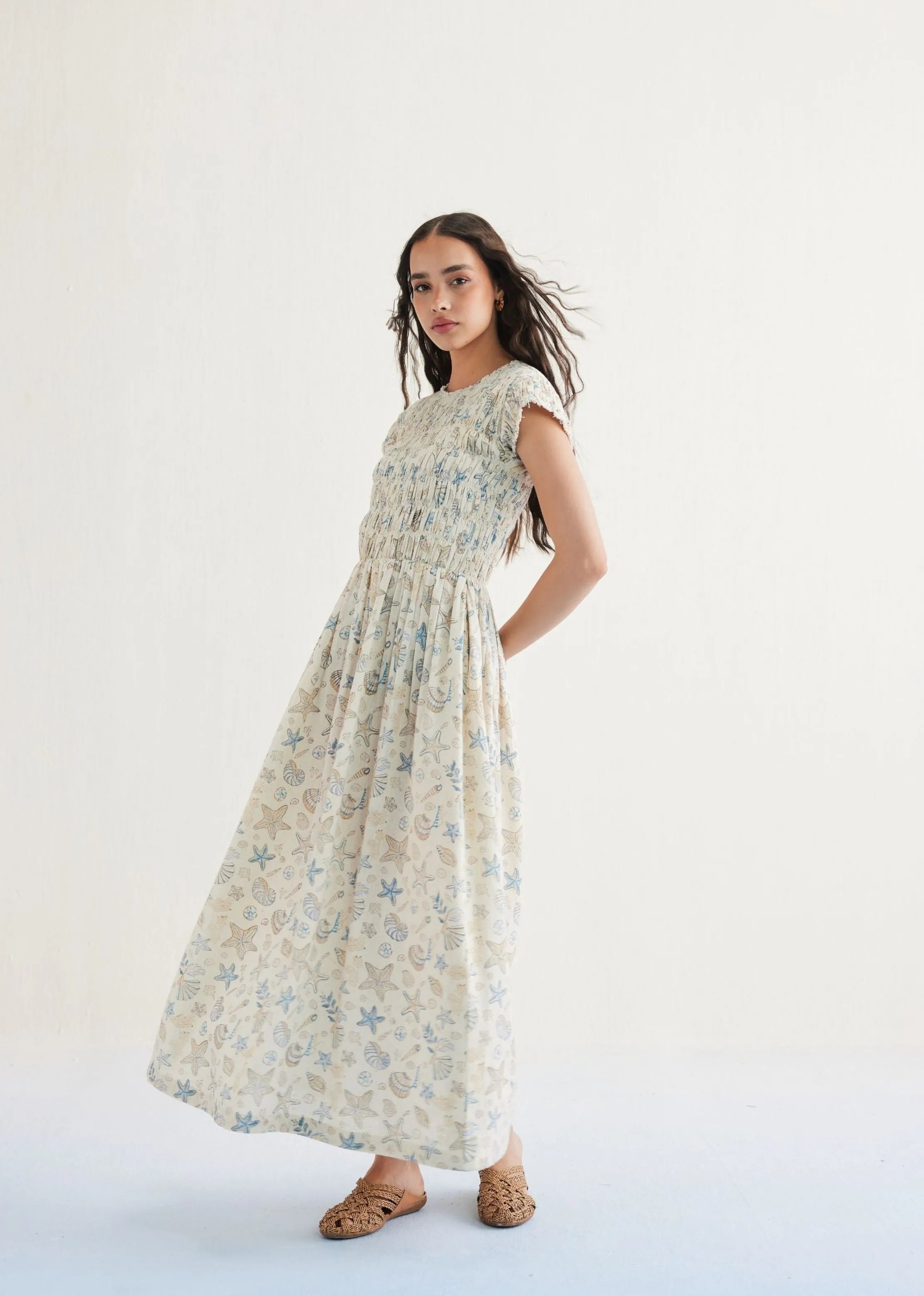A Model Wearing Off White Handwoven Cotton Pearly Ocean Cotton Off-White Maxi Dress, curated by Only Ethikal