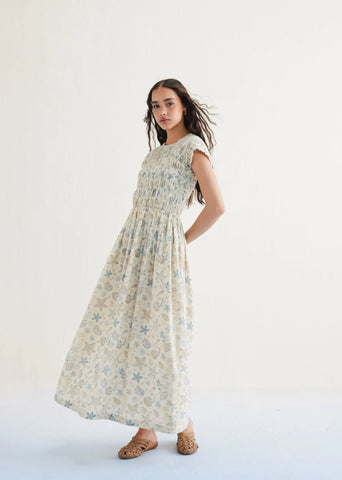A Model Wearing Off White Handwoven Cotton Pearly Ocean Cotton Off-White Maxi Dress, curated by Only Ethikal