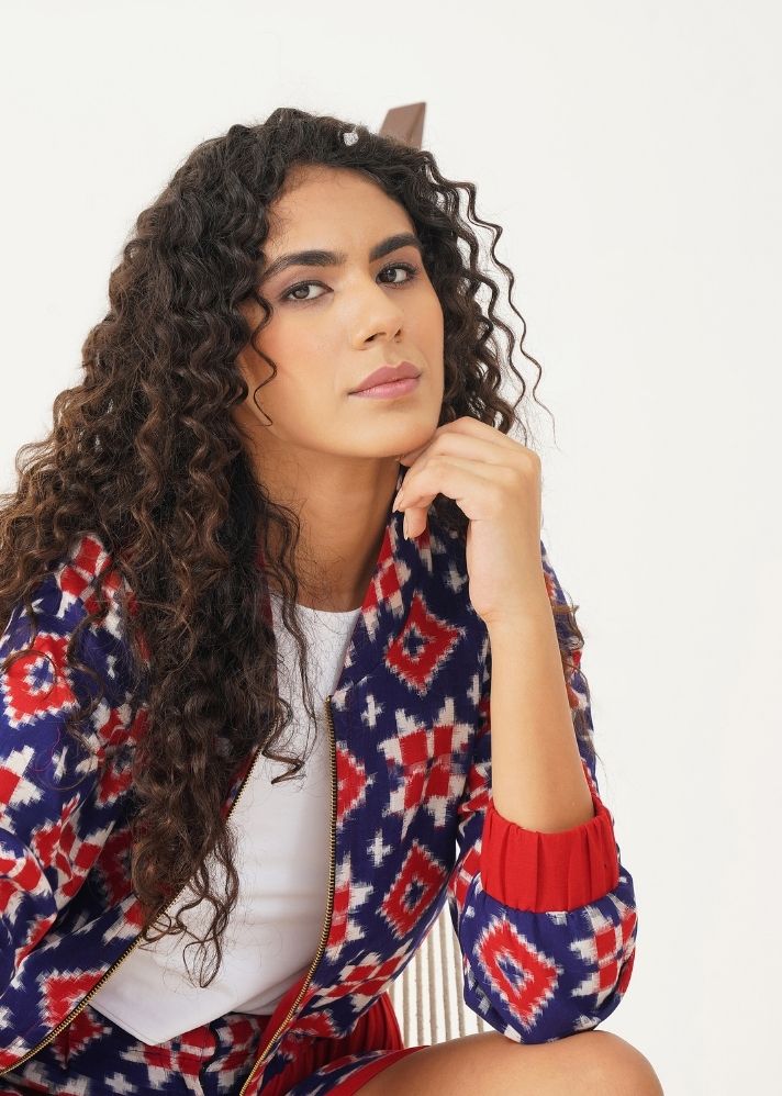 A Model Wearing Multicolor Handwoven Cotton Amy Jacket, curated by Only Ethikal