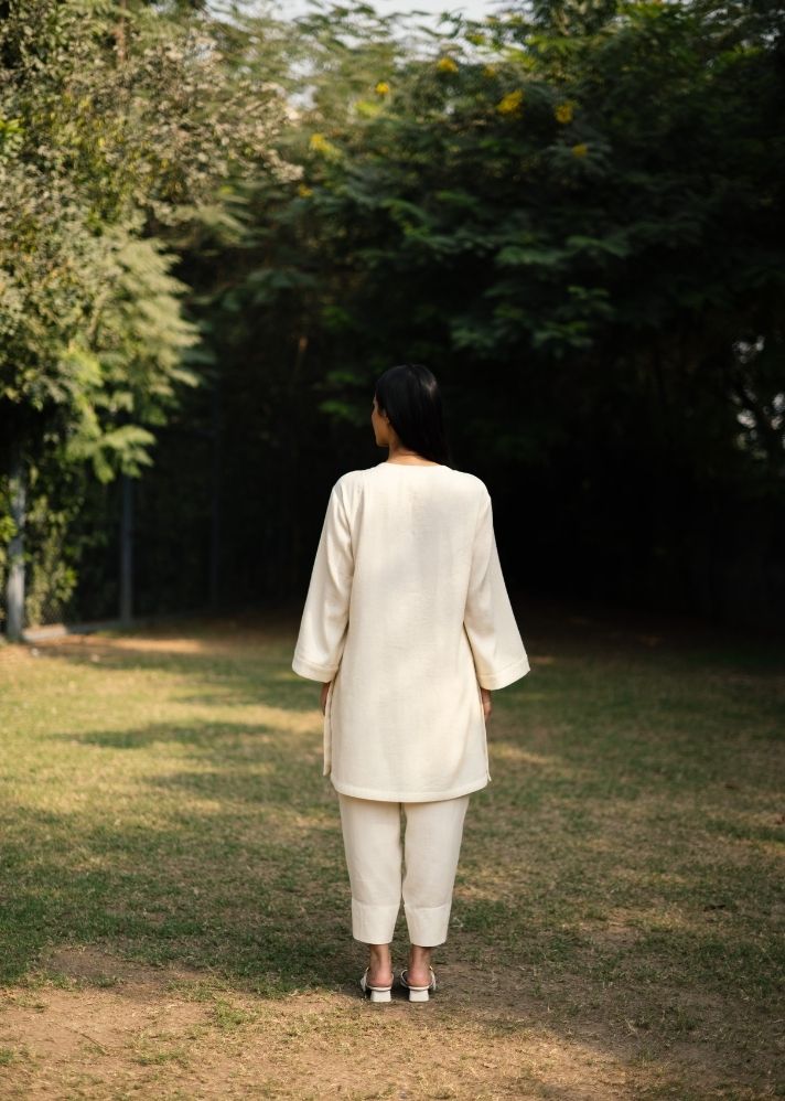 A Model Wearing White Wool White Iris Coord, curated by Only Ethikal