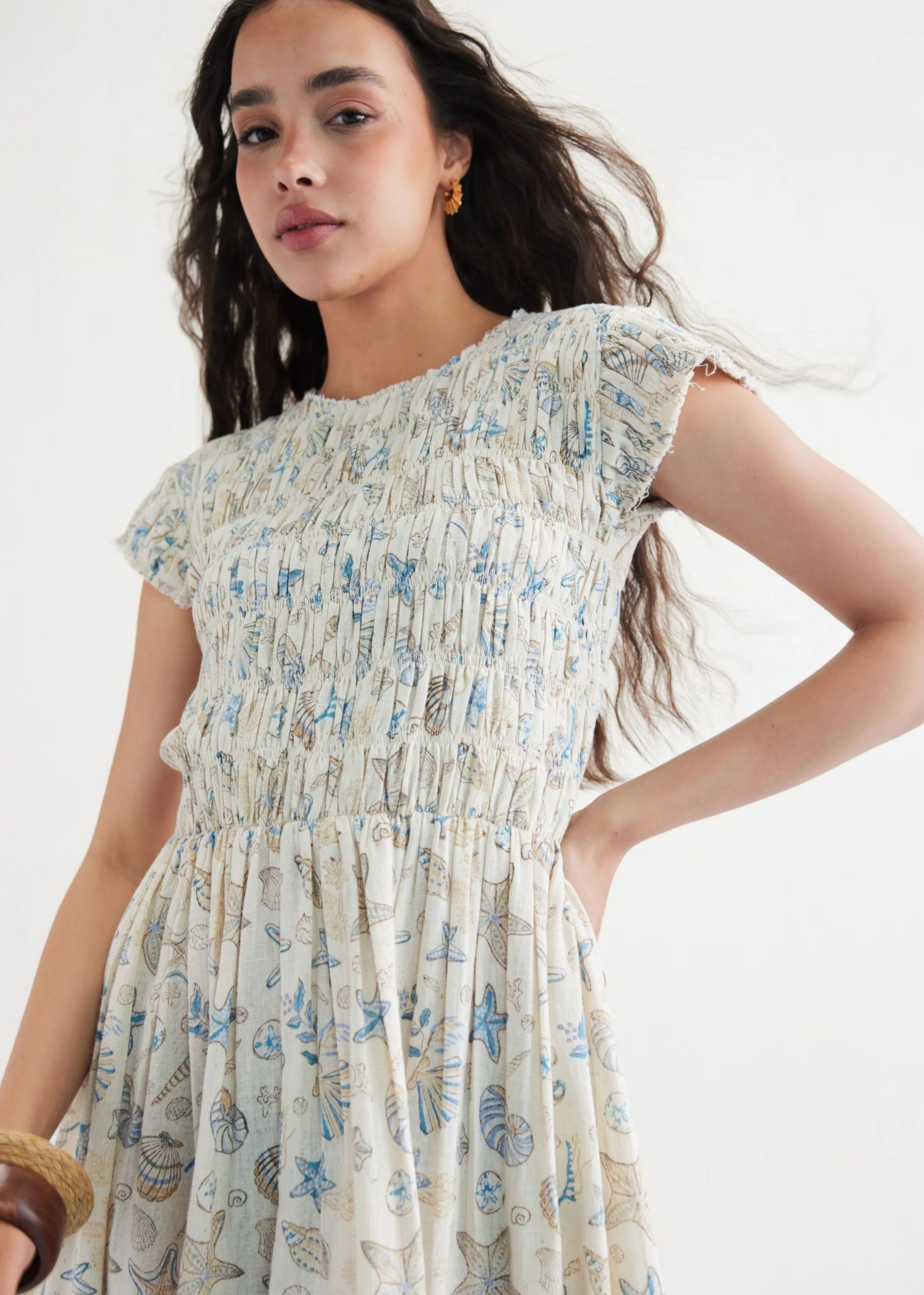 A Model Wearing Off White Handwoven Cotton Pearly Ocean Cotton Off-White Maxi Dress, curated by Only Ethikal