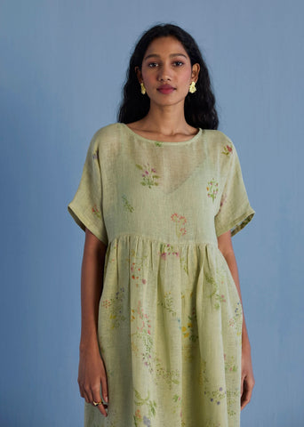 Uniko Pleated Floral Linen Dress - Mint