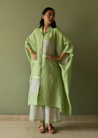 A Model Wearing Green Linen Bora Colour Blocked Linen Kaftan Set- Meadow, curated by Only Ethikal