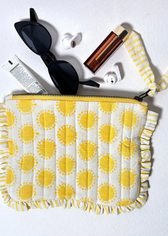 Sustainable Quilted Cotton Travel Pouch- Golden Hour Flat Frill Organizer