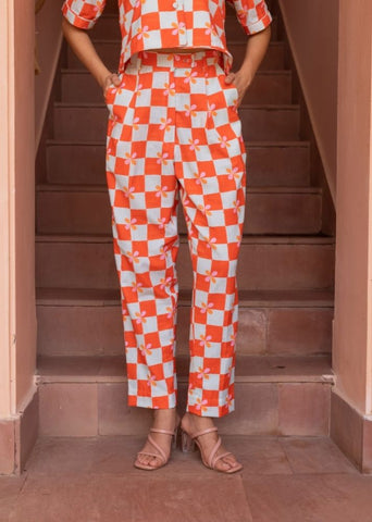 A Model Wearing Multicolor Organic Cotton Andres Co-Ord Set- Peach Checks, curated by Only Ethikal