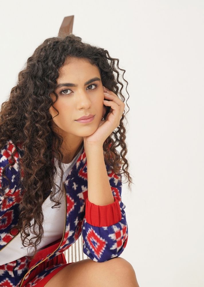 A Model Wearing Multicolor Handwoven Cotton Amy Jacket, curated by Only Ethikal