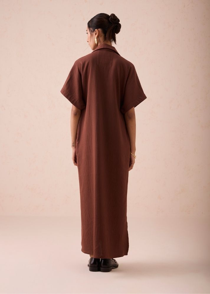 A Model Wearing Brown Organic Cotton The Mountainside Organic Cotton Collar Maxi Dress, curated by Only Ethikal