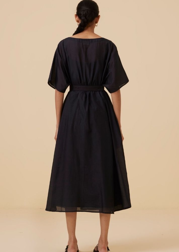 A Model Wearing Black Cotton silk Didda Black Cape Dress , curated by Only Ethikal