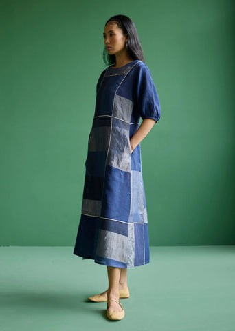 Sehr Metallic Linen Piping Dress- Navy