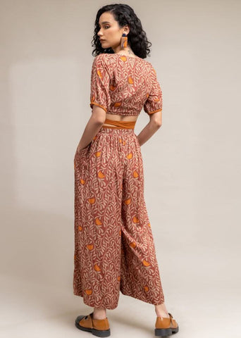 A Model Wearing Brown Upcycled Cotton  Ana Printed Set, curated by Only Ethikal