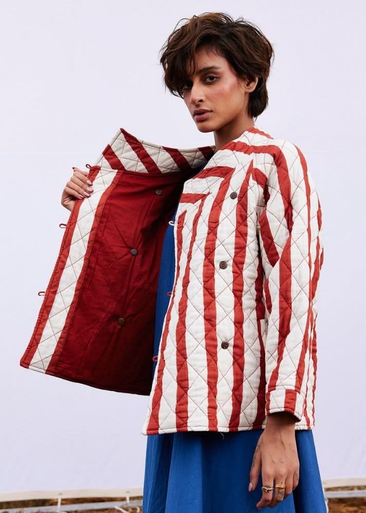 A Model Wearing Multicolor,Pure Cotton Carmine Jacket curated by Only Ethikal