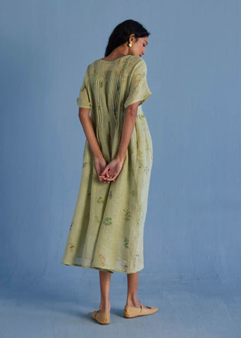 Uniko Pleated Floral Linen Dress - Mint