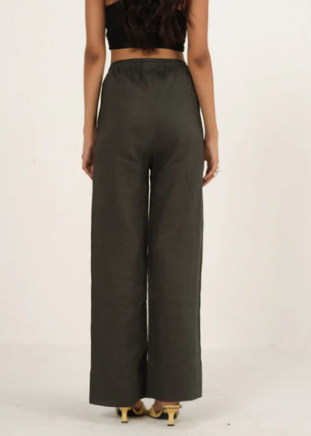A Model Wearing Green Linen Dark Green Linen Drawstring Straight Pants , curated by Only Ethikal