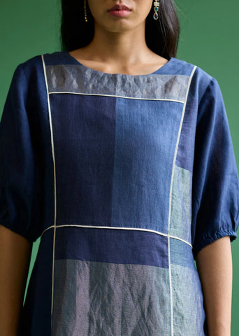 Sehr Metallic Linen Piping Dress- Navy