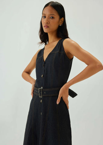 Denim Top Stitch Belted Midi Dress