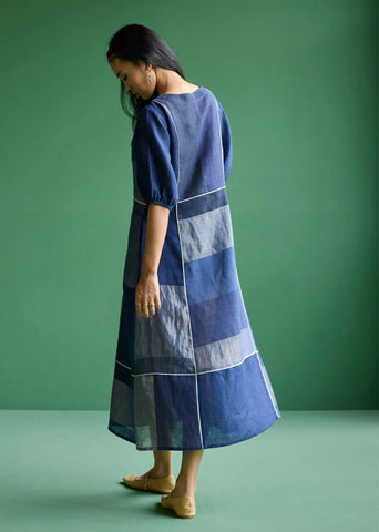 Sehr Metallic Linen Piping Dress- Navy