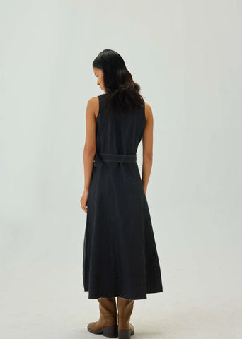 Denim Top Stitch Belted Midi Dress