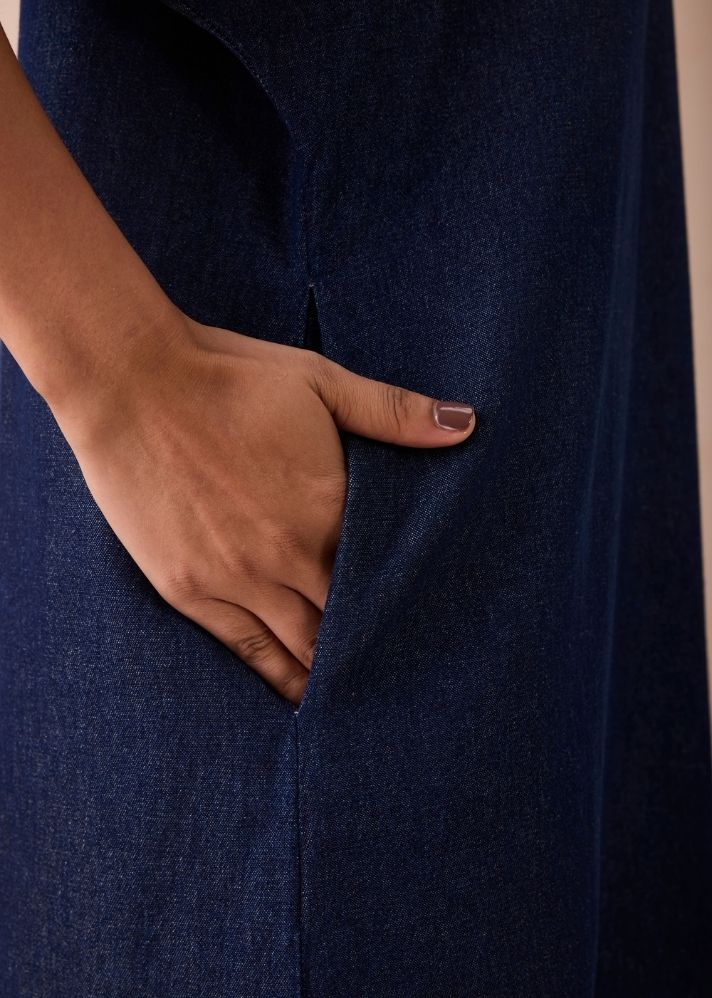 A Model Wearing Blue Denim The Slow Sustainable Denim Maxi Dress, curated by Only Ethikal