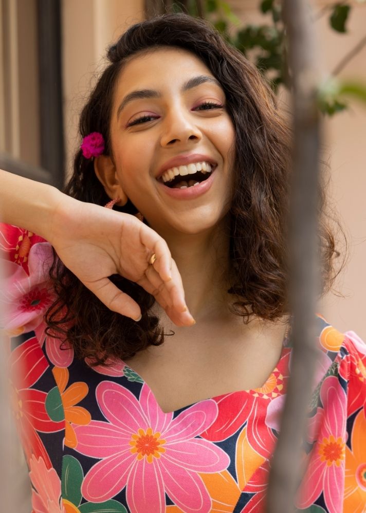 A Model Wearing Multicolor Organic Cotton Blair Dress- Mosaic Pink Print, curated by Only Ethikal