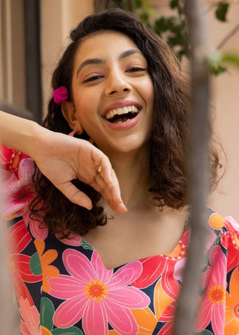 A Model Wearing Multicolor Organic Cotton Blair Dress- Mosaic Pink Print, curated by Only Ethikal