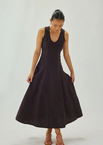 Linen Brown U-Neck Flare Midi Dress