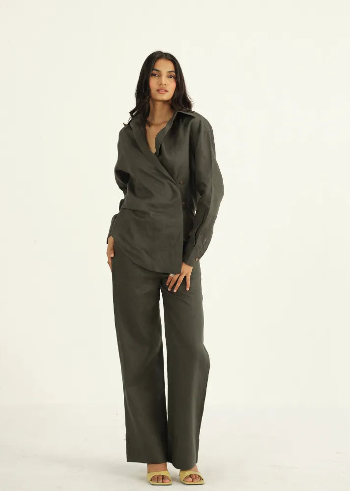 A Model Wearing Green Linen Dark Green Linen Shirt , curated by Only Ethikal