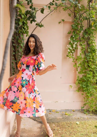 A Model Wearing Multicolor Organic Cotton Blair Dress- Mosaic Pink Print, curated by Only Ethikal