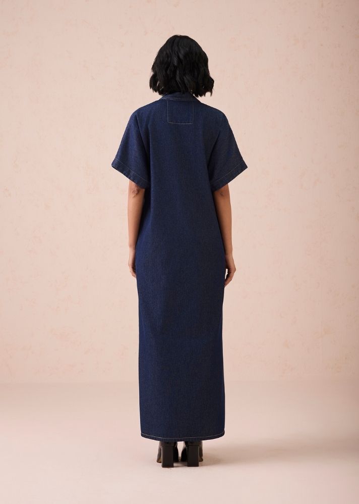 A Model Wearing Blue Denim The Slow Sustainable Denim Maxi Dress, curated by Only Ethikal