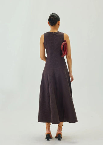 Linen Brown U-Neck Flare Midi Dress