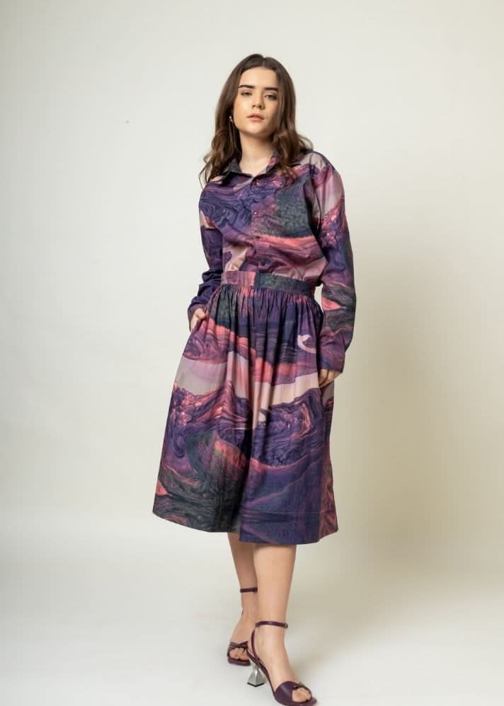 A Model Wearing Multicolor Upcycled Cotton Jean Printed Set, curated by Only Ethikal