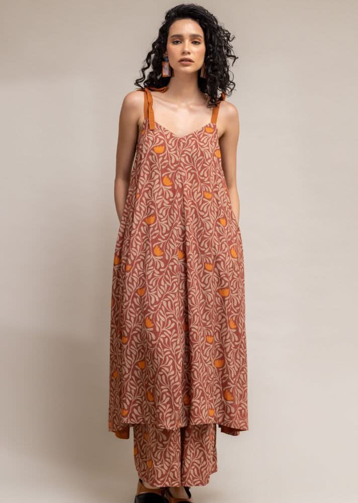 A Model Wearing Brown Upcycled Cotton  Yui Printed Set, curated by Only Ethikal