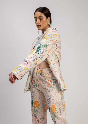 A Model Wearing Multicolor Linen Liza Printed Blazer, curated by Only Ethikal