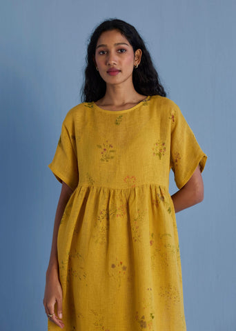Uniko Pleated Floral Linen Dress - Ochre