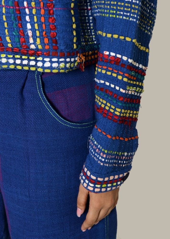 A Model Wearing Multicolor Handwoven Cotton Recycle Hana Jacket, curated by Only Ethikal