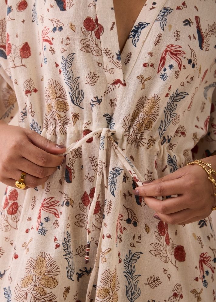 A Model Wearing White Handwoven Cotton Forest Bloom Kala Cotton Dress, curated by Only Ethikal