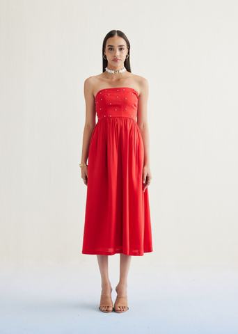 A Model Wearing Red Tencel Dreamy Summer Tencel Tube Dress, curated by Only Ethikal