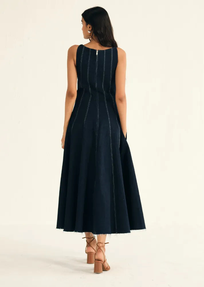 A Model Wearing Blue Denim Blue Denim Midi Dress, curated by Only Ethikal